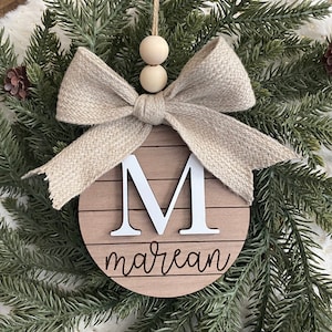 Family Name Christmas Ornament Last Name Monogram Initial Shiplap Farmhouse Christmas Minimalist 2023 Ornament Boho Wood w White Initial