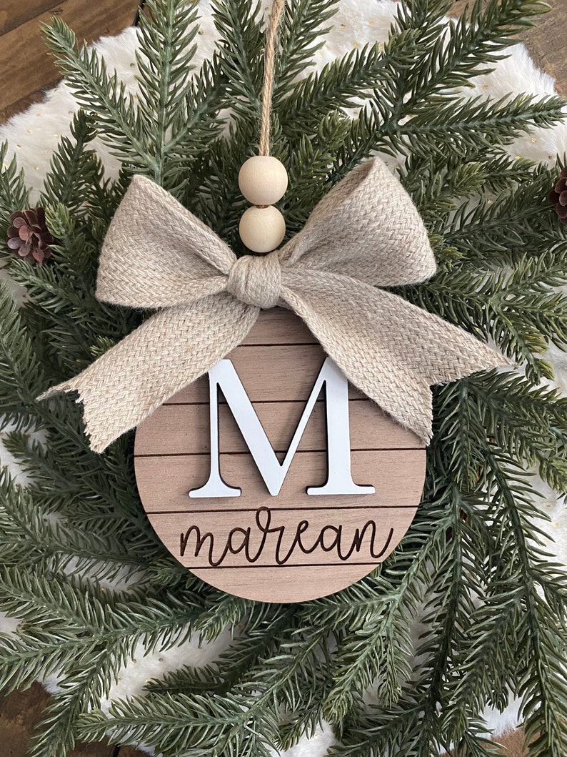 Family Name Christmas Ornament Last Name Monogram Initial Shiplap Farmhouse Christmas Minimalist 2023 Ornament Boho Wood w White Initial