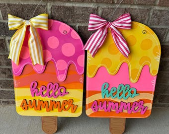 Hello Summer Popsicle Door Hanger | Hand Painted Wooden 3D Door Sign