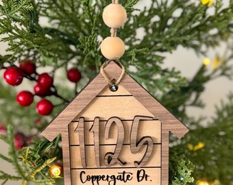Personalized Home Address Ornament: 3D Wood Shiplap House, Realtor Gift