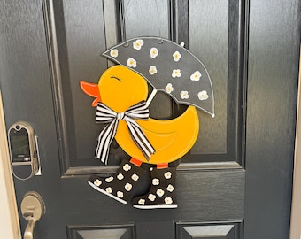 Hand-painted Duck Door Hanger, Spring Summer Farmhouse Decor, Daisy Umbrella Rain Boots