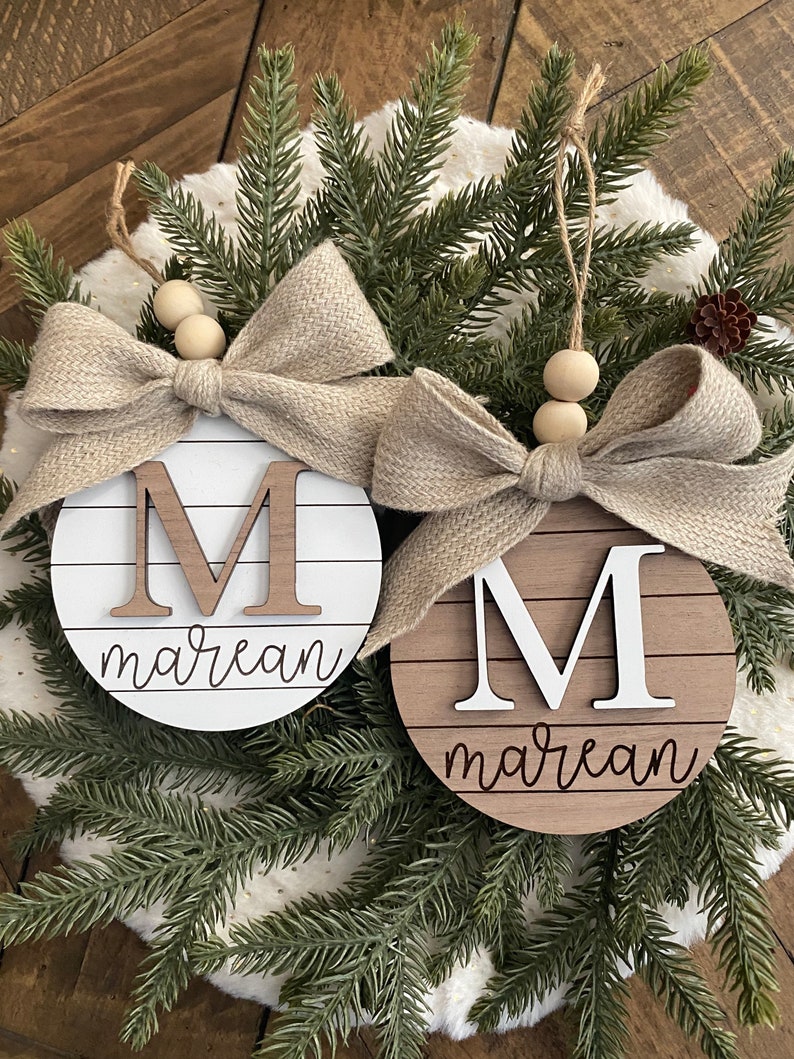 Family Name Christmas Ornament Last Name Monogram Initial Shiplap Farmhouse Christmas Minimalist 2023 Ornament Boho image 8