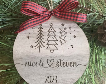 Personalized Couples Christmas Ornament: Engraved Walnut Wood, Buffalo Plaid