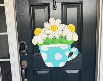 Hand-Painted Wooden Cup of Daisies Door Hanger: 3D Welcome Sign
