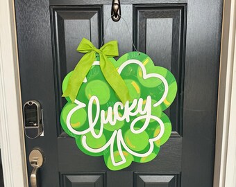 Hand-Painted Wooden Shamrock Lucky Door Hanger | St. Patrick’s Day 3D Welcome Sign