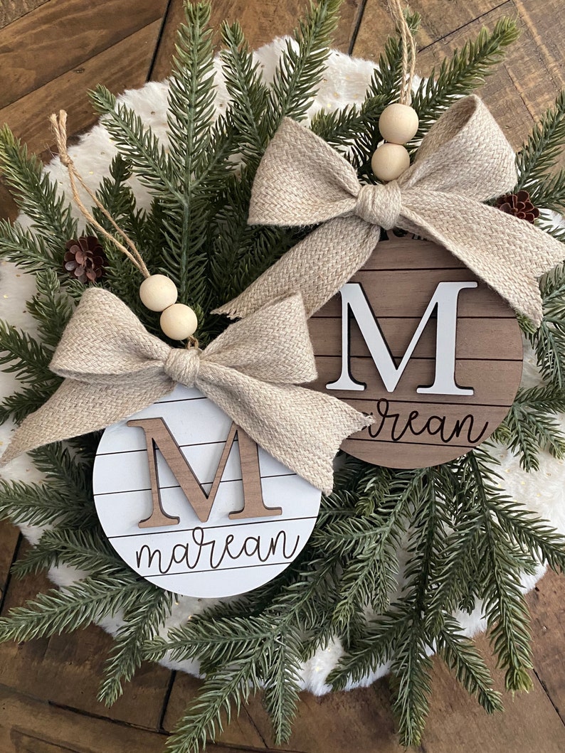 Family Name Christmas Ornament Last Name Monogram Initial Shiplap Farmhouse Christmas Minimalist 2023 Ornament Boho image 1