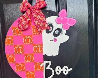 Hand-Painted 3D "BOO" Halloween Door Hanger: Ghost & Pumpkins