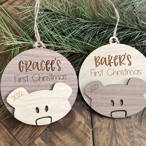 Personalized First Christmas Ornament | 2023 | Baby's First Christmas | Wooden Bear Ornament | Farmhouse Christmas | Minimalist | Boho