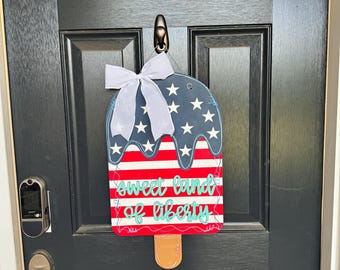 Hand Painted Patriotic Popsicle Door Hanger | Sweet Land of Liberty 3d Sign