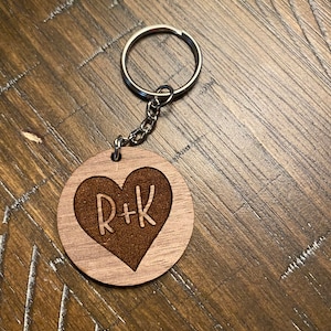 Personalized Couples Keychain: Engraved Walnut Wood Heart