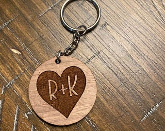 Couples Initials Keychain | Wooden Keychain | Couples Gift | Heart Keychain | Personalized | Bag Tag | Backpack | Zipper Pull | Minimalist