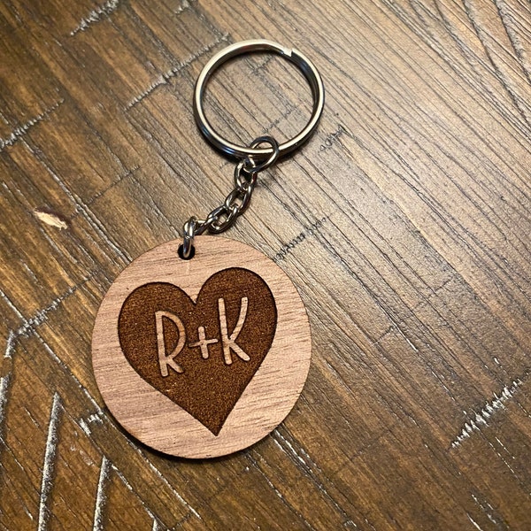 Couples Initials Keychain | Wooden Keychain | Couples Gift | Heart Keychain | Personalized | Bag Tag | Backpack | Zipper Pull | Minimalist