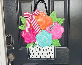 Hand-Painted Wooden Floral Door Hanger: 3D Welcome Sign
