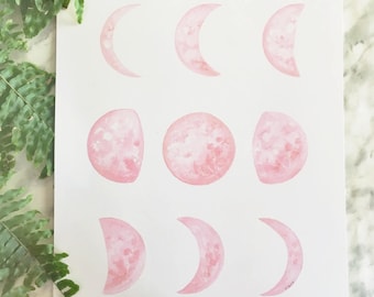 Moon Phase Print, Pink Moon Phase Art, Moon Phase Decor, Crescent Moon Art, Dreamy Moon, Boho Decor, Boho Moon, Moon Painting