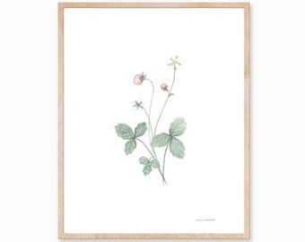 Strawberry Print, Botanical Print, Farmhouse Art, Plant Art, Strawberry Painting, Plant Print, Minimal Plant Decor, Foliage Art