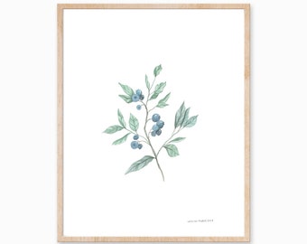 Blueberry Print, Plant Print, Vintage Botanical Art, Blueberry Art, Minimal Plant Decor, Foliage Art, Fruit Print, Farmhouse Print