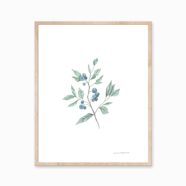 May include: A watercolor painting of a sprig of blueberries with green leaves. The blueberries are a light blue color and the leaves are a light green color. The painting is framed in a light wood frame.