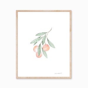 Pfirsich Druck, botanische Kunst, Bauernhaus Kunst, minimale Pflanzenkunst, Obst Druck, Pfirsich Malerei, Pflanze Druck, Laub Kunst, Boho Dekor