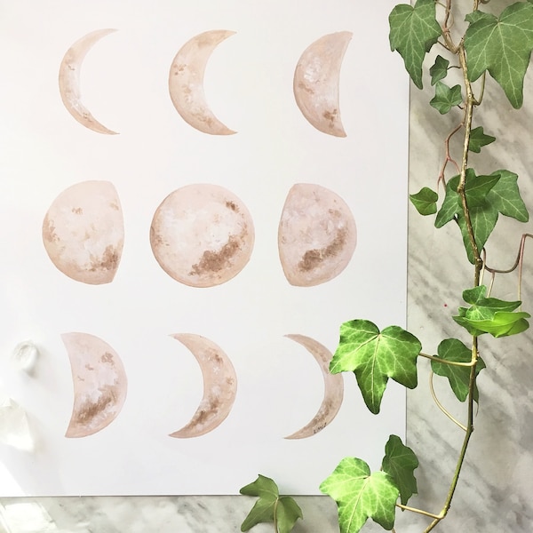 Neutral Moon Phase Art, Moon Phase Print, Moon Phase Decor, Crescent Moon Art, Dreamy Moon, Boho Decor, Boho Moon