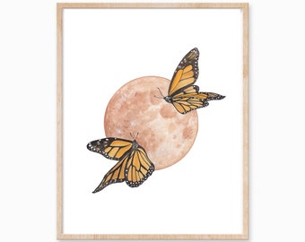 Monarch Butterfly Print, Monarch Art, Butterfly and Moon Print, Brown Moon Print, Warm Tone Moon, Dreamy Moon Print, Neutral Boho Art