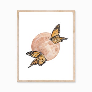 Monarch Butterfly Print, Monarch Art, Butterfly and Moon Print, Brown Moon Print, Warm Tone Moon, Dreamy Moon Print, Neutral Boho Art