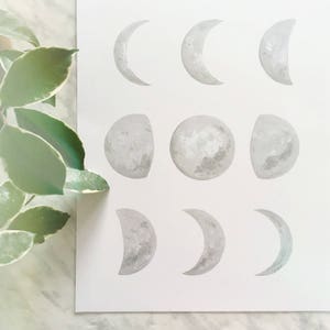 Grey Moon Phase Art, Silver Moon Phase Print, Moon Phase Decor, Crescent Moon Art, Dreamy Moon, Boho Decor, Boho Moon, Phases of the Moon