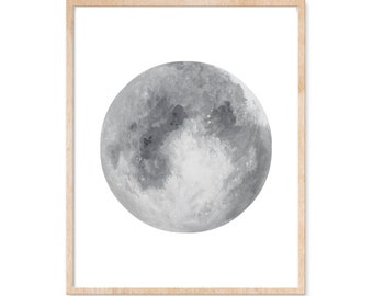 Impresión gris de la luna llena, arte celestial, impresión lunar gris, arte de la luna de ensueño, arte de la luna de plata