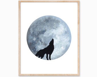 Moon Print, Wolf Print, Moon Painting, Moon Art, Lunar Artwork, Boho Decor, Space Print, Boho Print, Full Moon, Moon Decor, Space Art
