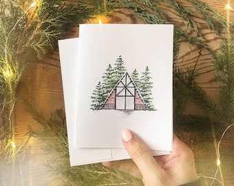 Aframe Cabin Card, Christmas Cabin Blank Card, Cabin Holiday Card, Blank Forest Card, Forest Greeting Card