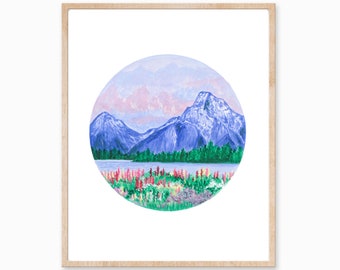 Mountain Print, Mountain Art, Flower Field Art, Field of Flowers, Nature Art, Mountain Painting, Landscape Painting, Nature Print, Boho