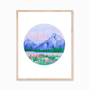 Mountain Print, Mountain Art, Flower Field Art, Field of Flowers, Nature Art, Mountain Painting, Landscape Painting, Nature Print, Boho image 1