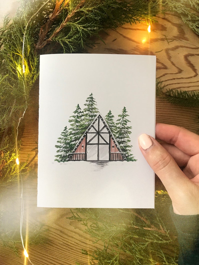 Aframe Cabin Card, Christmas Cabin Blank Card, Cabin Holiday Card, Blank Forest Card, Forest Greeting Card image 2