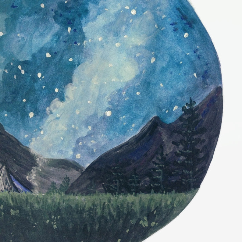 Camping Print Night Sky Print Camp Painting Mountain Art