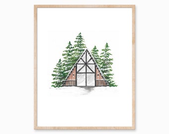 Aframe Cabin Print, Christmas Cabin Art, Cabin Holiday Print, Winter Cabin Print