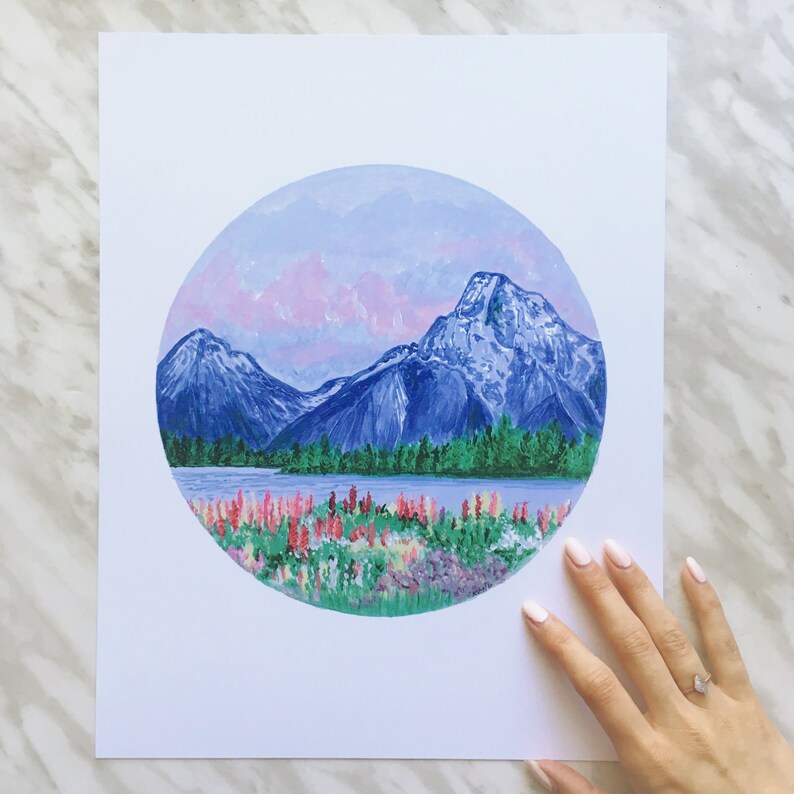 Mountain Print, Mountain Art, Flower Field Art, Field of Flowers, Nature Art, Mountain Painting, Landscape Painting, Nature Print, Boho image 3