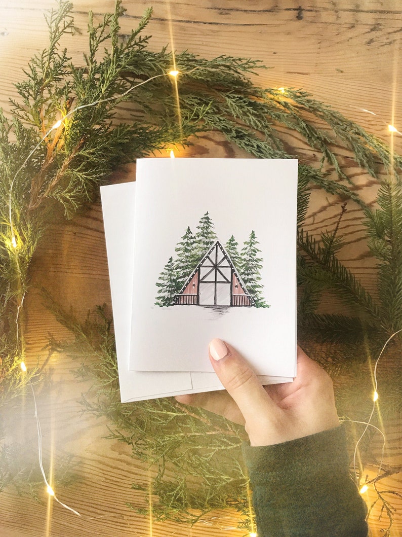Aframe Cabin Card, Christmas Cabin Blank Card, Cabin Holiday Card, Blank Forest Card, Forest Greeting Card image 1