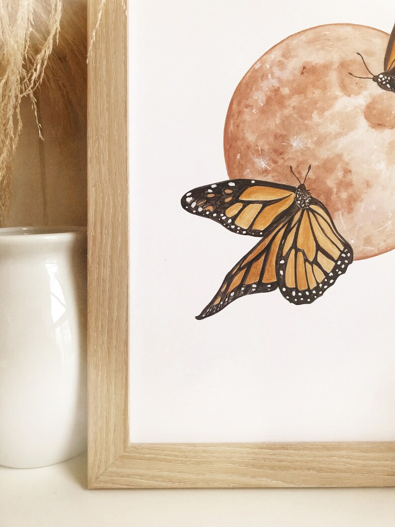 Monarch Butterfly Print, Monarch Art, Butterfly and Moon Print, Brown Moon Print, Warm Tone Moon, Dreamy Moon Print, Neutral Boho Art image 4