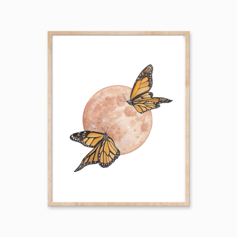 Monarch Butterfly Moon DIGITAL DOWNLOAD, Monarch Art, Butterfly and Moon Print, Brown Moon Print, Warm Tone Moon, Dreamy Moon Print image 1