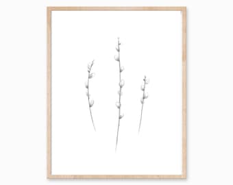 Pussywillow Art, Pussywillow Print, Plant Art, Minimal Art, Plant Painting, Plant Decor, Pussywillow Artwork, Foliage Art