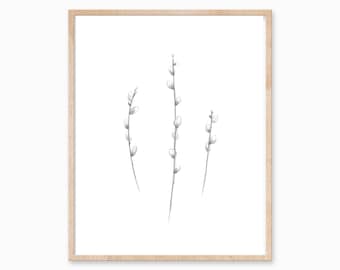 Pussywillow Kunst, Pussywillow Druck, Pflanzenkunst, Minimal Art, Pflanzenmalerei, Pflanzendekor, Pussywillow Kunstwerk, Laub Kunst