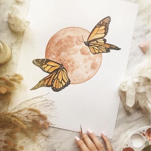 Monarch Butterfly Print, Monarch Art, Butterfly and Moon Print, Brown Moon Print, Warm Tone Moon, Dreamy Moon Print, Neutral Boho Art image 2