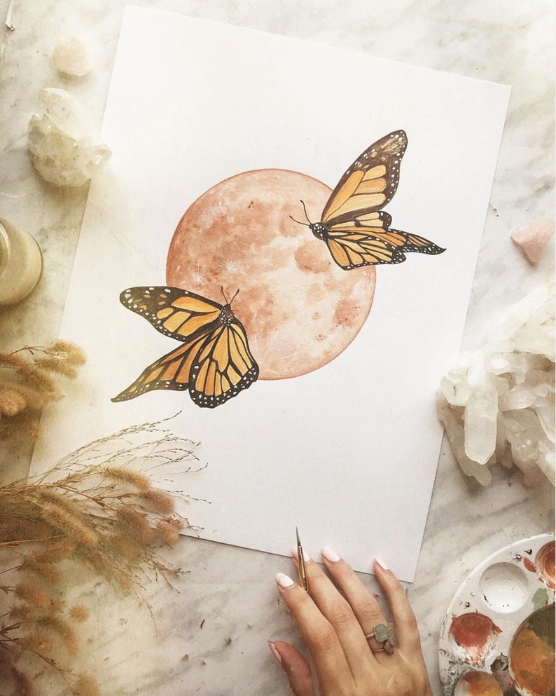 Monarch Butterfly Moon DIGITAL DOWNLOAD, Monarch Art, Butterfly and Moon Print, Brown Moon Print, Warm Tone Moon, Dreamy Moon Print image 2