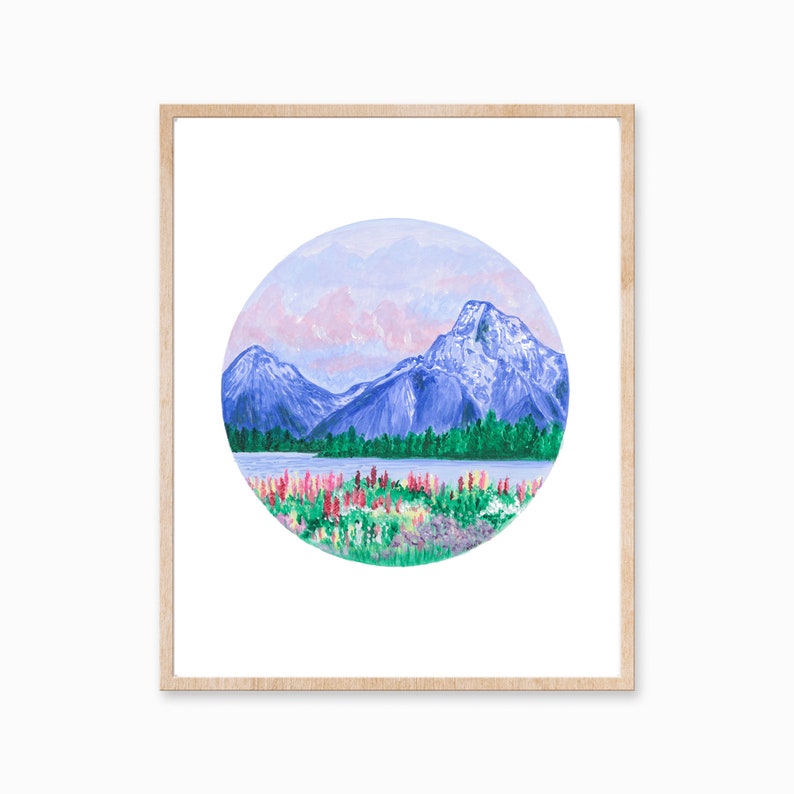 Mountain Print, Mountain Art, Flower Field Art, Field of Flowers, Nature Art, Mountain Painting, Landscape Painting, Nature Print, Boho image 1