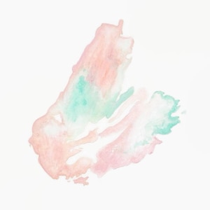 May include: A watercolor painting with a pink and green color scheme. The paint is in a loose, abstract style and appears to be a single stroke of paint.