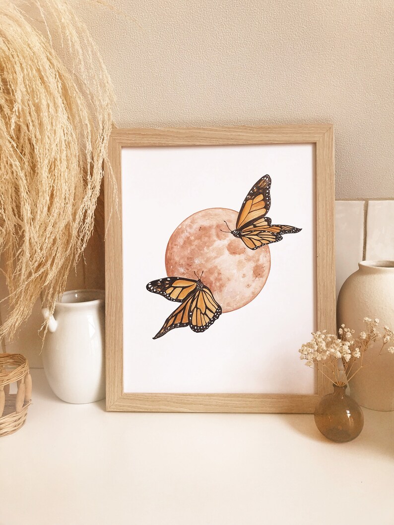 Monarch Butterfly Print, Monarch Art, Butterfly and Moon Print, Brown Moon Print, Warm Tone Moon, Dreamy Moon Print, Neutral Boho Art image 3