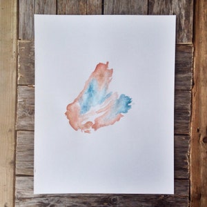 May include: A watercolor painting of a blue and orange abstract shape on a white background.
