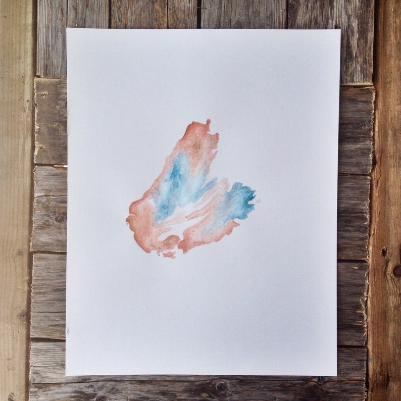 May include: A watercolor painting of a blue and orange abstract shape on a white background.