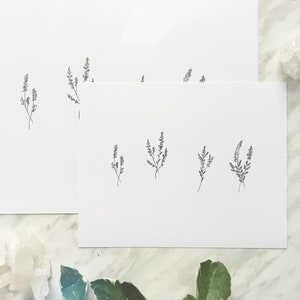 May include: Two white pieces of paper with simple black line drawings of sprigs of flowers. The drawings are on the top half of the paper, and the bottom half is blank.