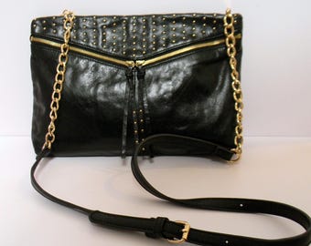 HOBO The  Original Black Genuine Leather Studded Two Diagonal Front Zippers Crossbody Bag