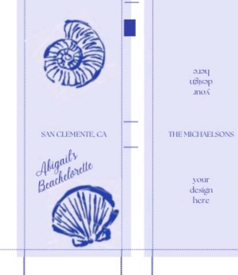 May include: A light blue invitation with a seashell design. The text reads "Abigail's Bachelorette" and "San Clemente, CA". The right side of the invitation has the text "The Michaelsons" and "your design here".